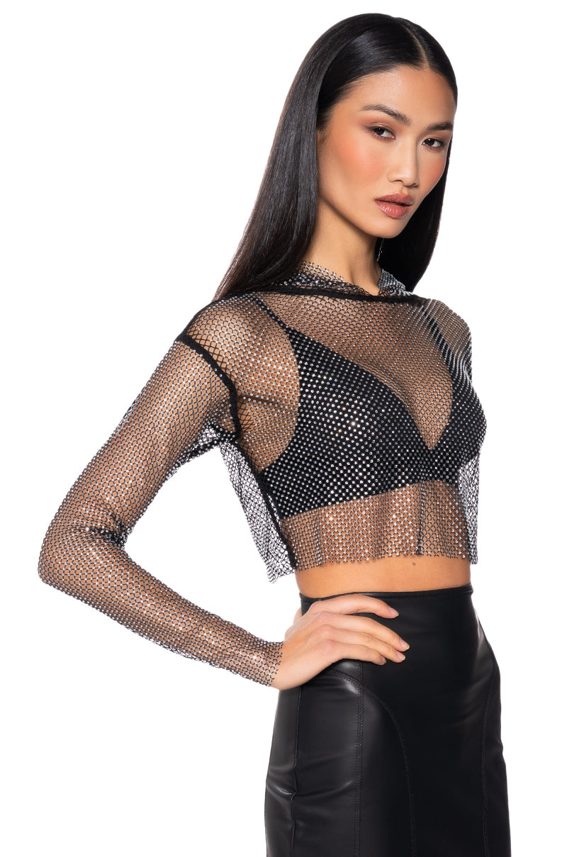 NORTH STAR RHINESTONE MESH HOODED LONG SLEEVE CROP TOP IN BLACK view 0