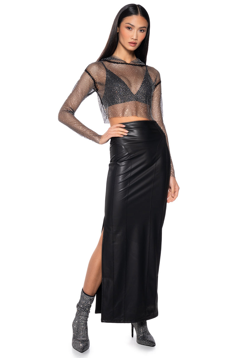 Side View North Star Rhinestone Mesh Hooded Long Sleeve Crop Top In Black