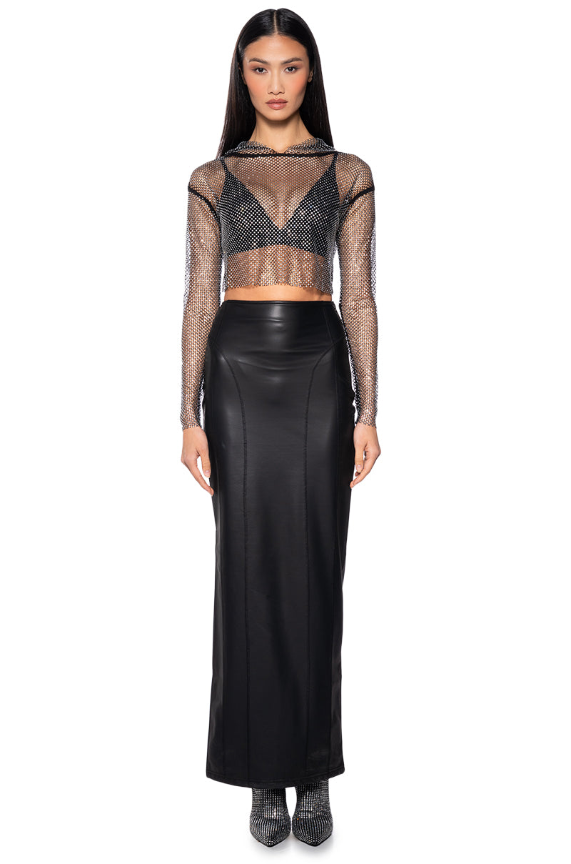Extra View North Star Rhinestone Mesh Hooded Long Sleeve Crop Top In Black