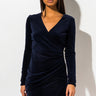 Front View Northern Lights Velour Mini Dress in Dark Blue