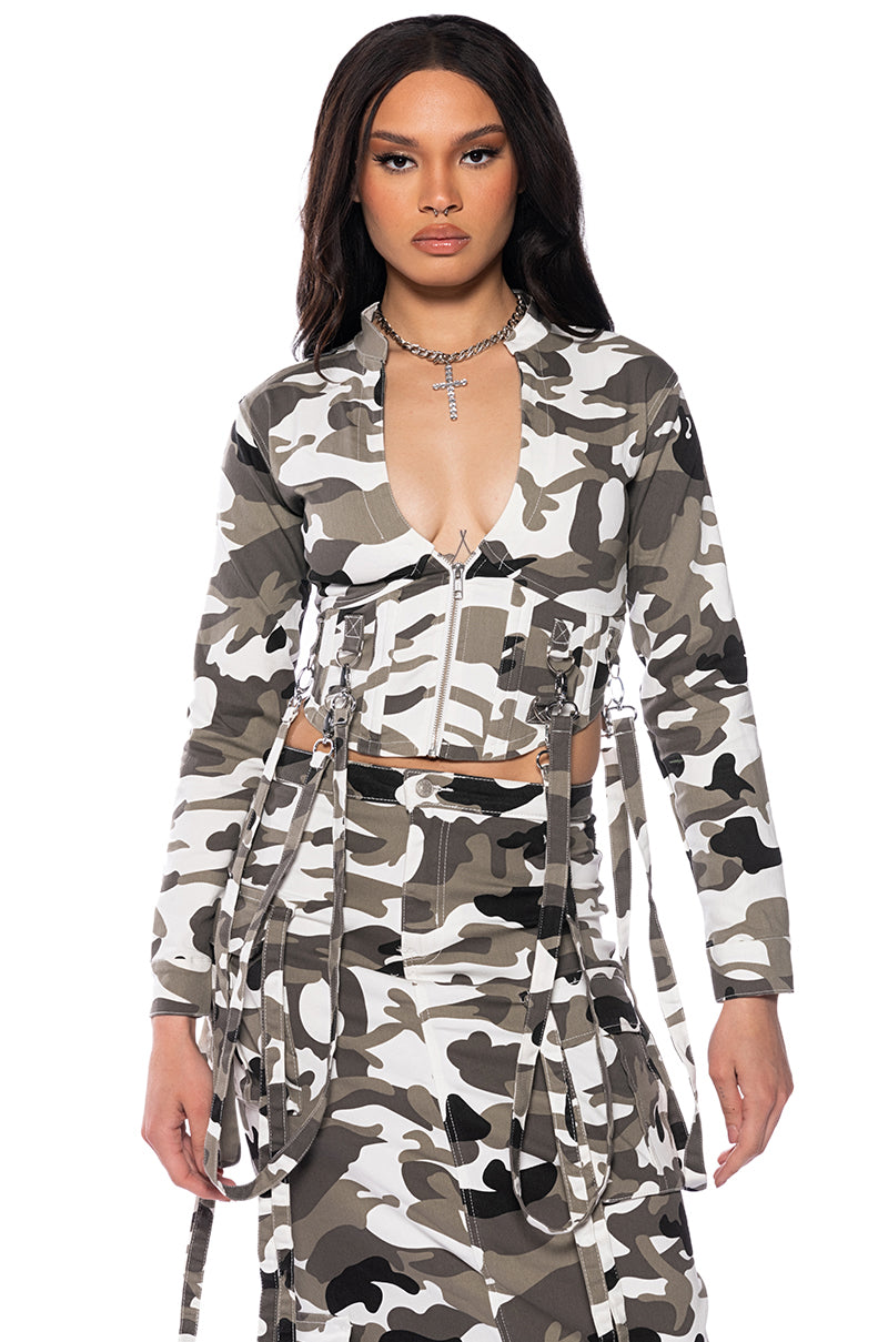 Front View Not About It Camo Corset Top