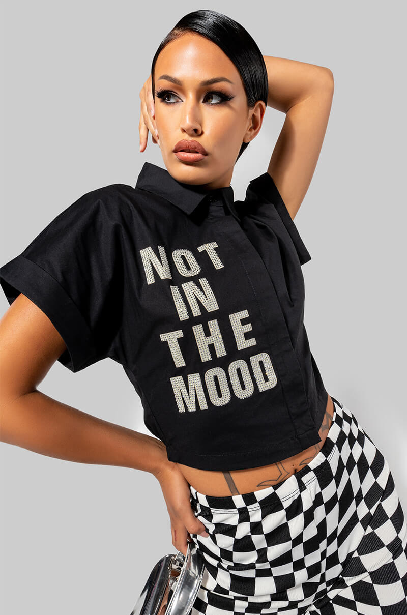 Front View Not In The Mood Cropped Button Down Blouse