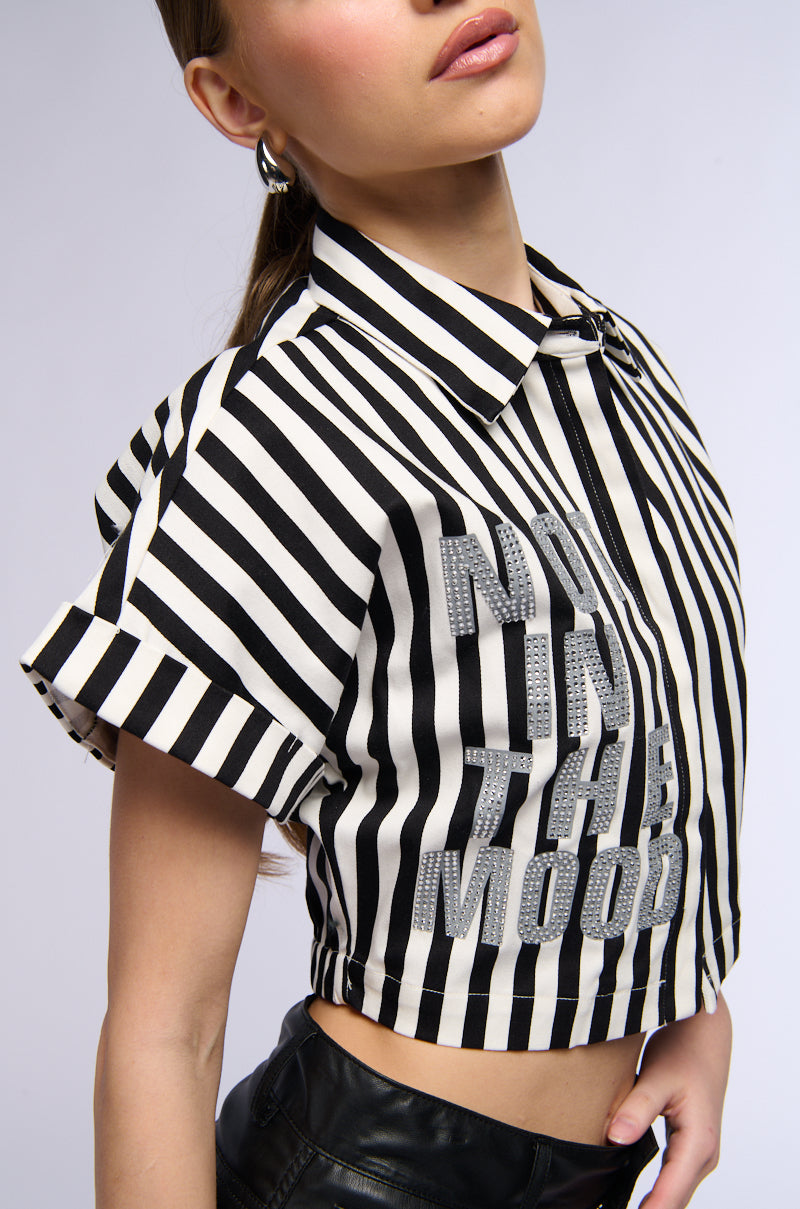 Extra View Not In The Mood Striped Button Down Crop Blouse