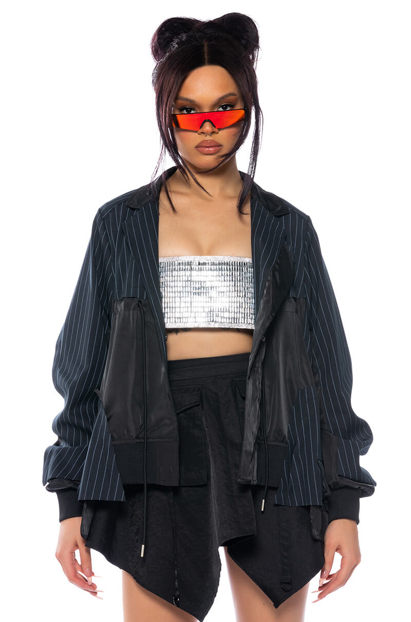 Front View Not Just Anybody Pinstripe Blazer Bomber
