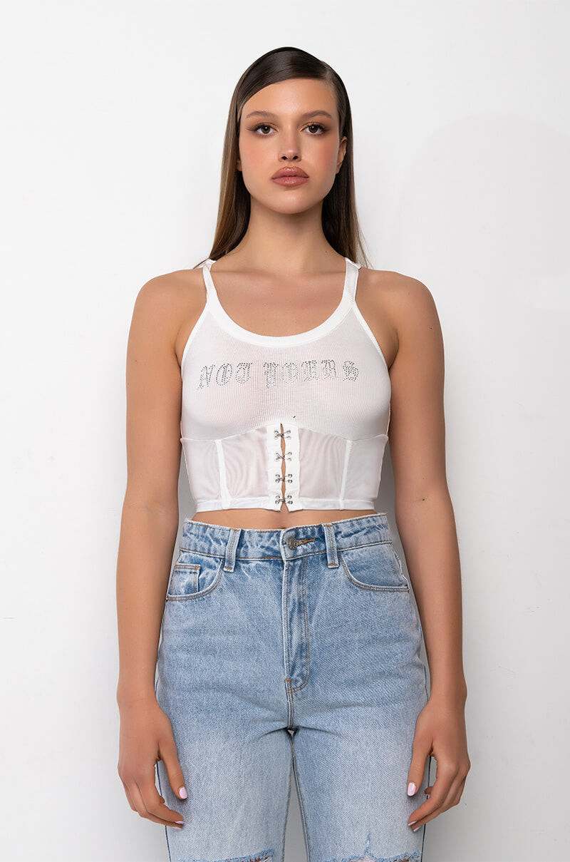 Back View Not Yours Corset Detail Crop Ribbed Tank