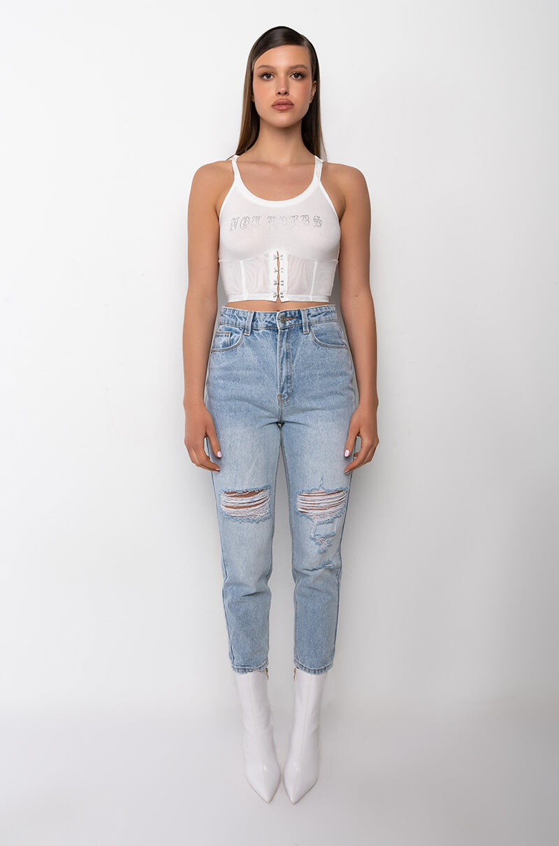 Extra View Not Yours Corset Detail Crop Ribbed Tank