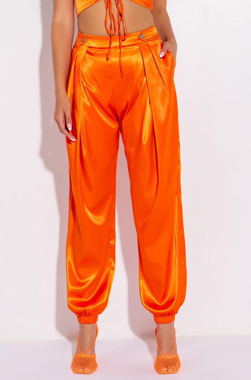 Front View Nothing But Pleasure Pleated Satin Jogger Pant