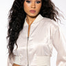 Front View Nothing But Trouble Cropped Satin Bomber