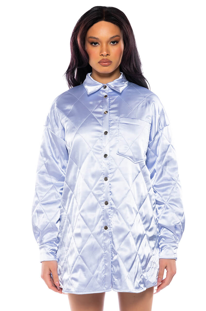 Front View Nothing Personal Quilted Satin Button Down Shirt Dress