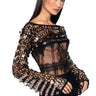 Front View Nova Ultra Crop Sequin Crochet Top In Black Gold