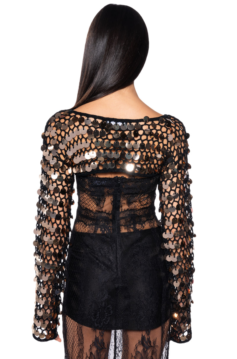 Full View Nova Ultra Crop Sequin Crochet Top In Black Gold