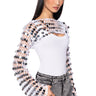 Front View Nova Ultra Crop Sequin Crochet Top In Silver Multi