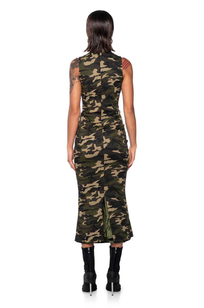 Back View Now You See Me Ruched Camo Midi Dress