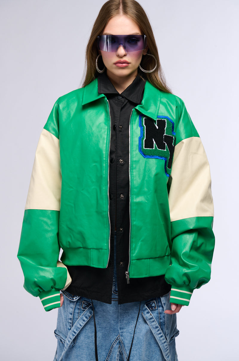Back View Nueva York Varsity Patch Faux Leather Bomber Jacket