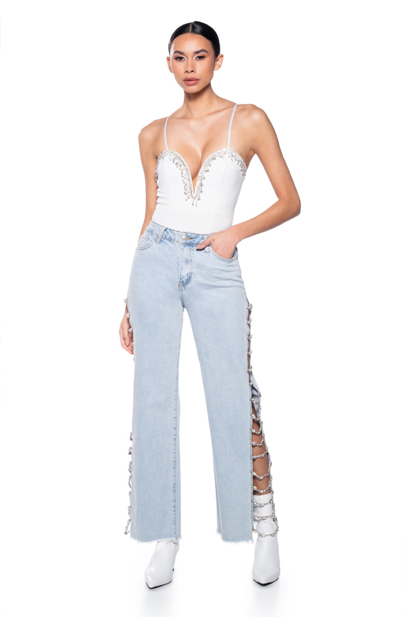 Side View Number One Embellished Deep V Bodysuit In White