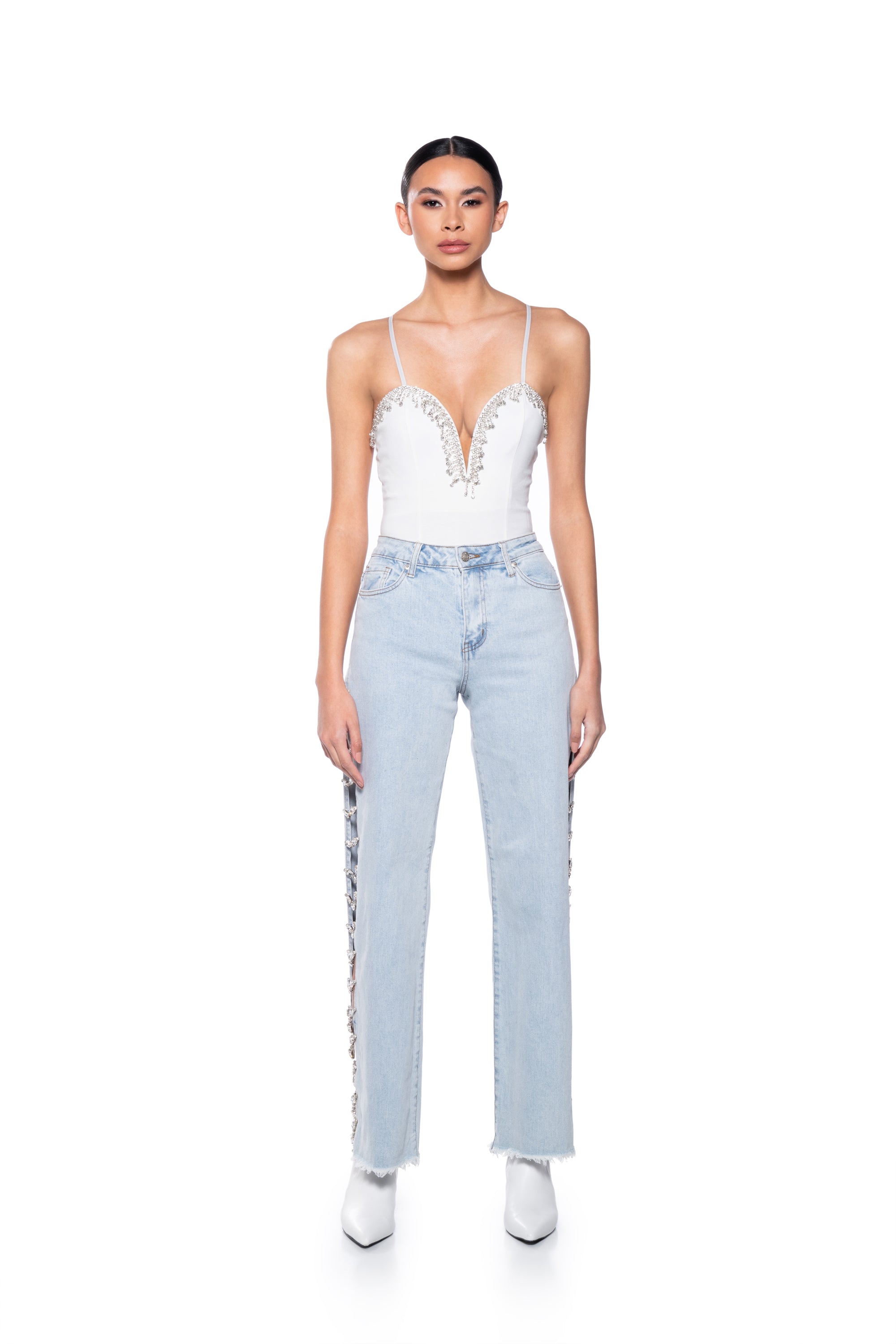 Extra View Number One Embellished Deep V Bodysuit In White