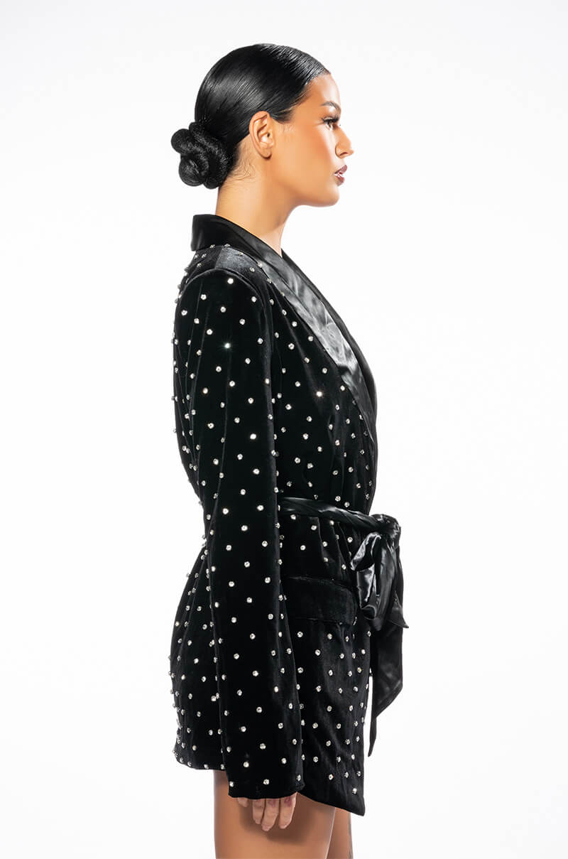 Detail View Nye Velvet Blazer With Satin Lapel And Gems