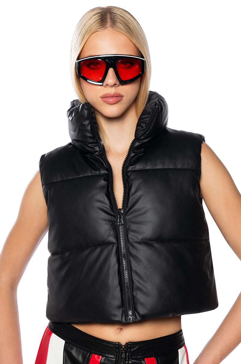 Front View Nylon And Pu Reversible Puffer Vest