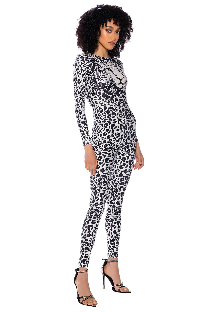 Front View Nyra Cheetah Printed Long Sleeve Jumpsuit