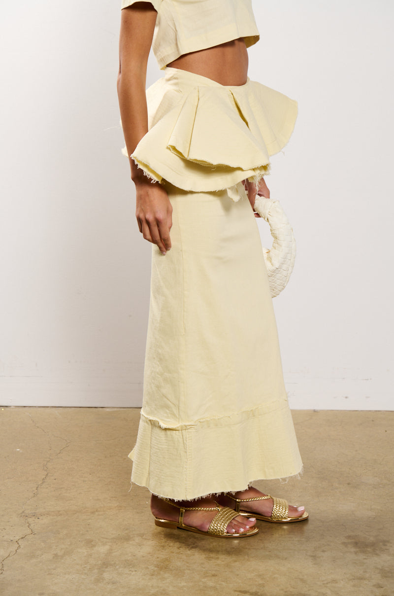 Back View Ocean Breeze Ruffle Detail Stretch Linen Maxi Skirt