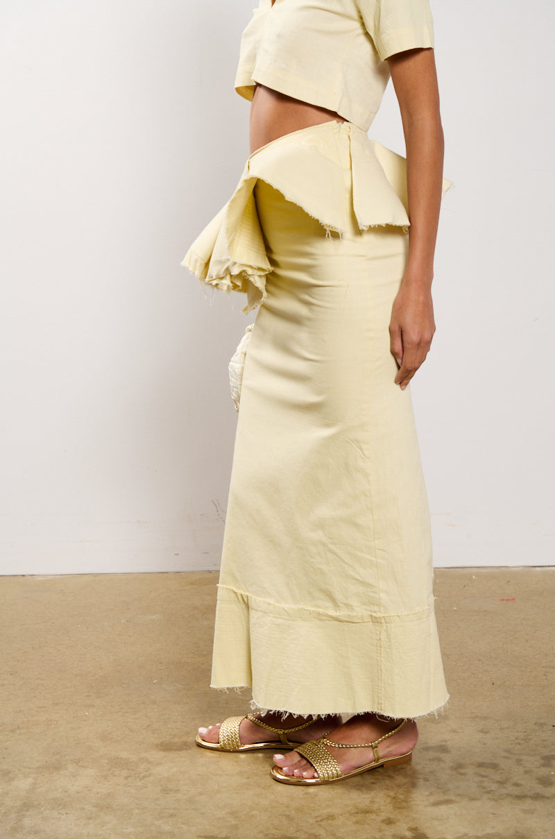 Detail View Ocean Breeze Ruffle Detail Stretch Linen Maxi Skirt