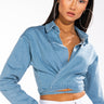 Front View Off Duty Cropped Long Sleeve Chambray Blouse