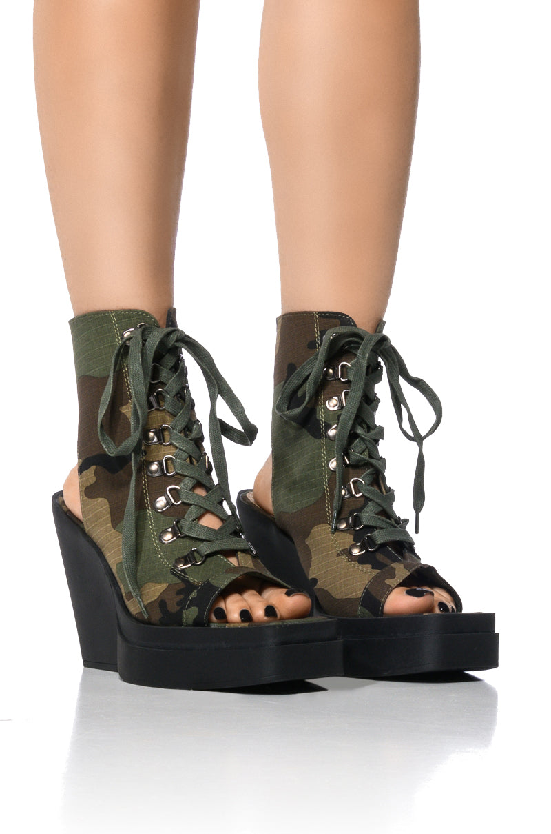 Front View Off Duty Peep Toe Platform Bootie In Camo