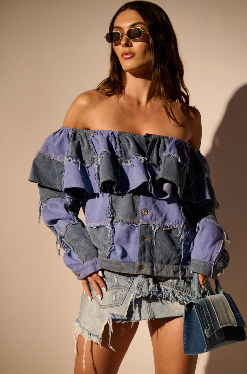 OFF SHOULDER PATCHWORK DENIM JACKET view 0