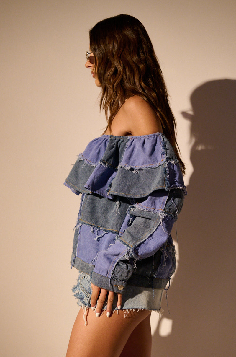 Side View Off Shoulder Patchwork Denim Jacket