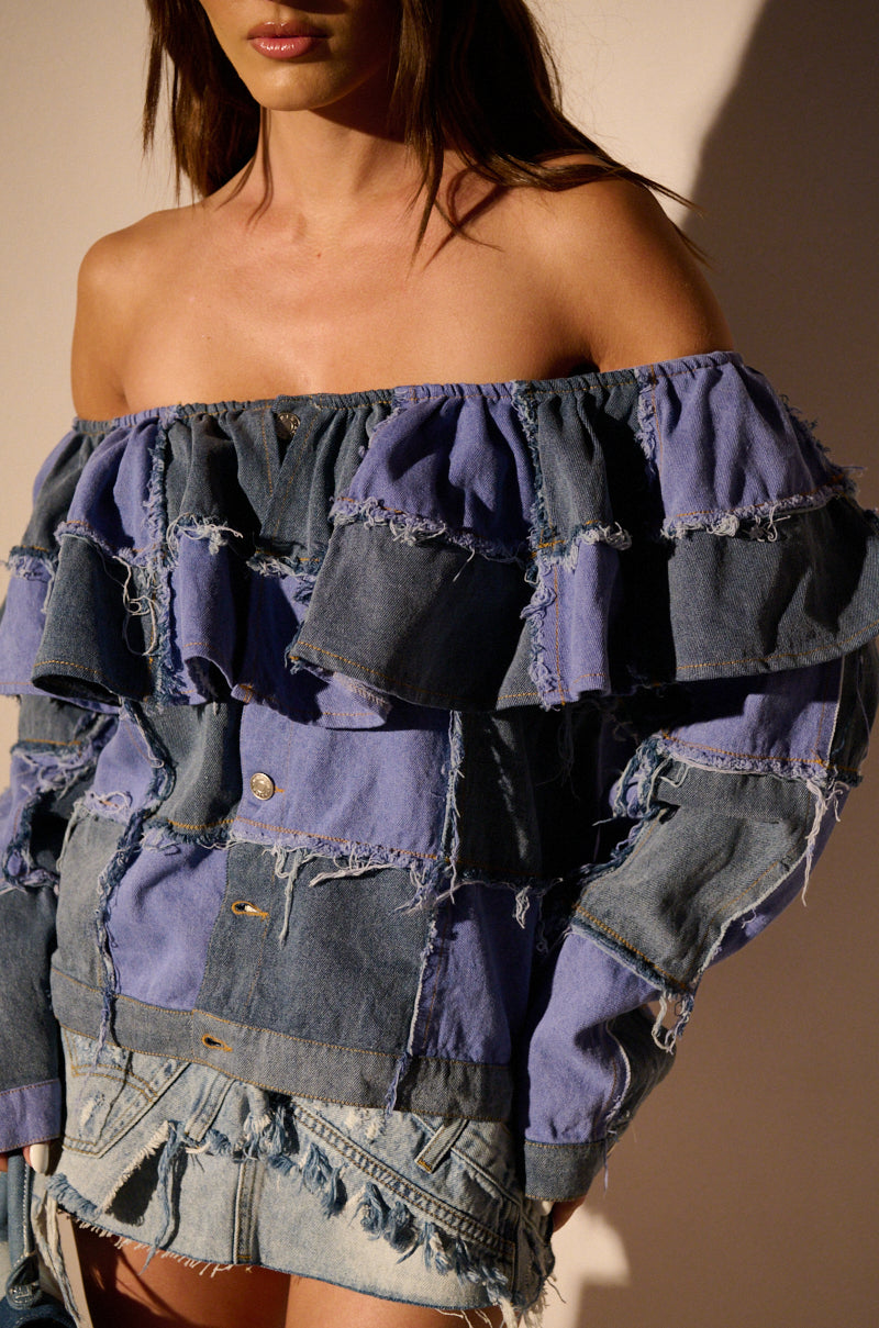 Extra View Off Shoulder Patchwork Denim Jacket