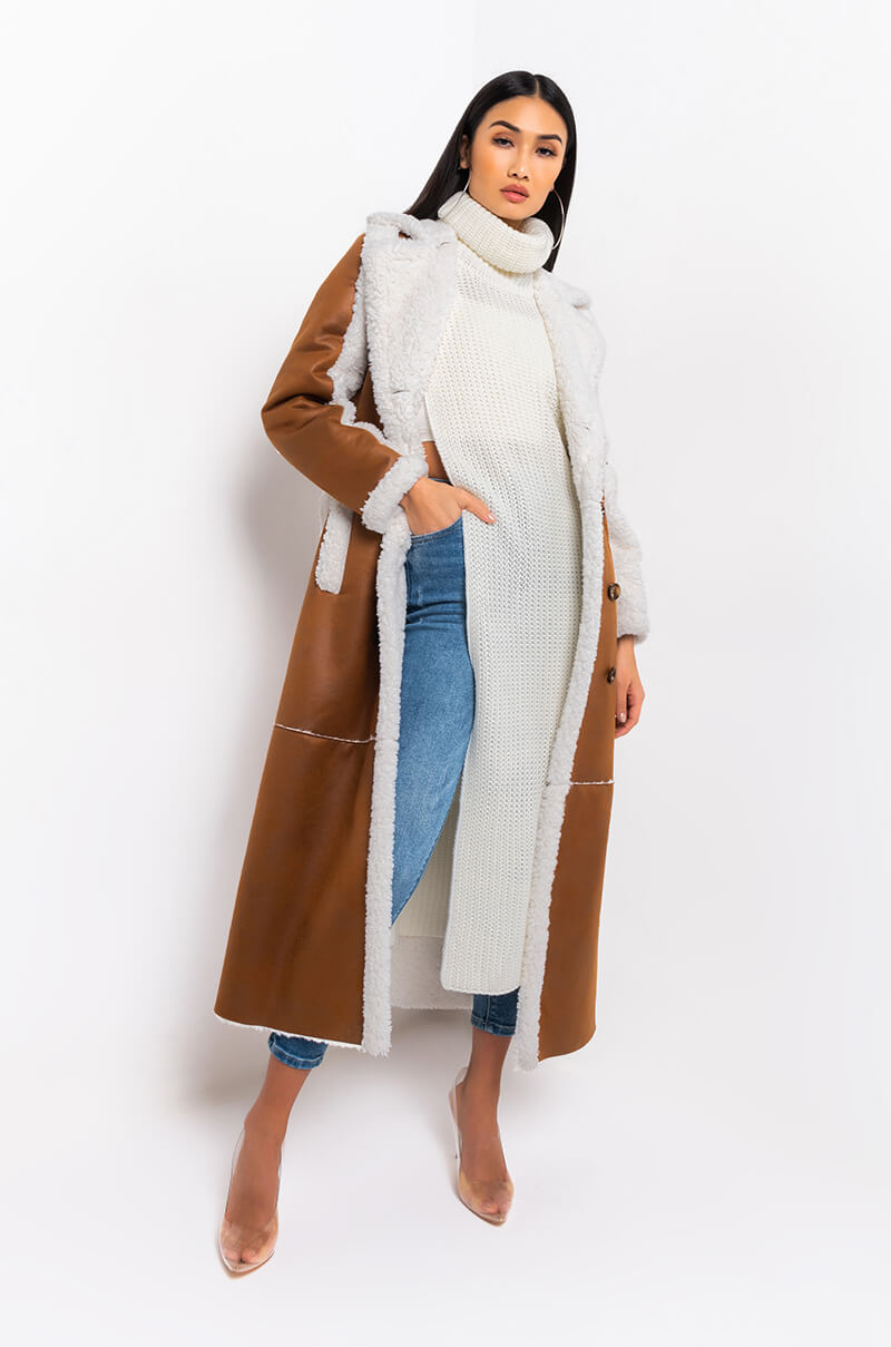 Front View Oh Na Na Shearling Suede Trench Coat in Brown Multi 1