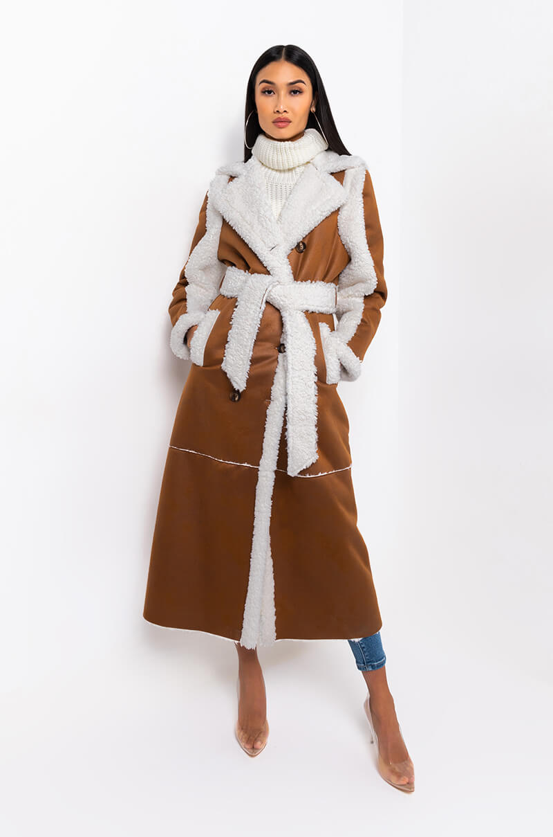 Side View Oh Na Na Shearling Suede Trench Coat in Brown Multi 3