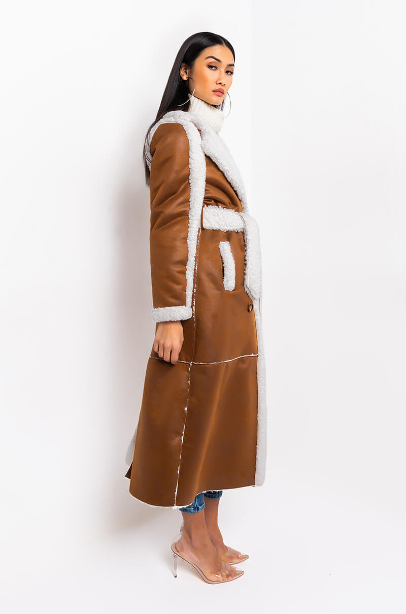 Back View Oh Na Na Shearling Suede Trench Coat in Brown Multi 5