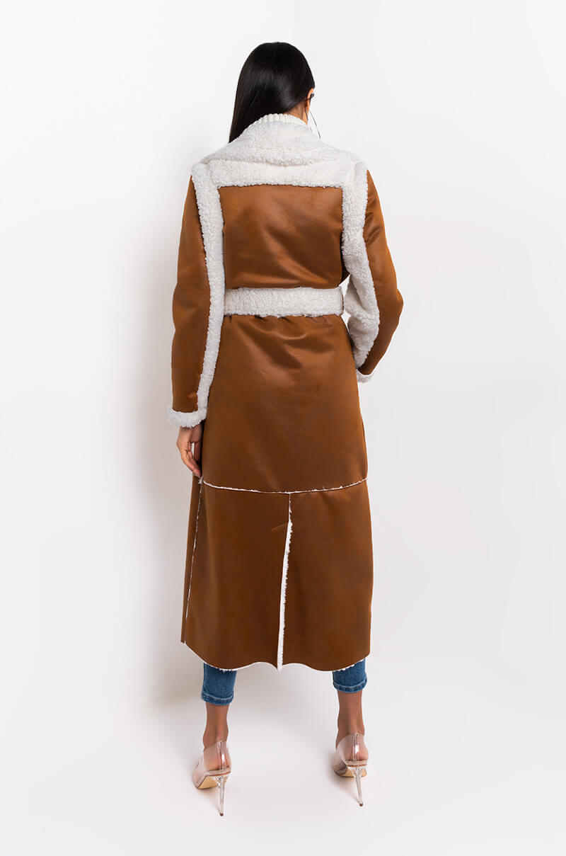 Detail View Oh Na Na Shearling Suede Trench Coat in Brown Multi 7