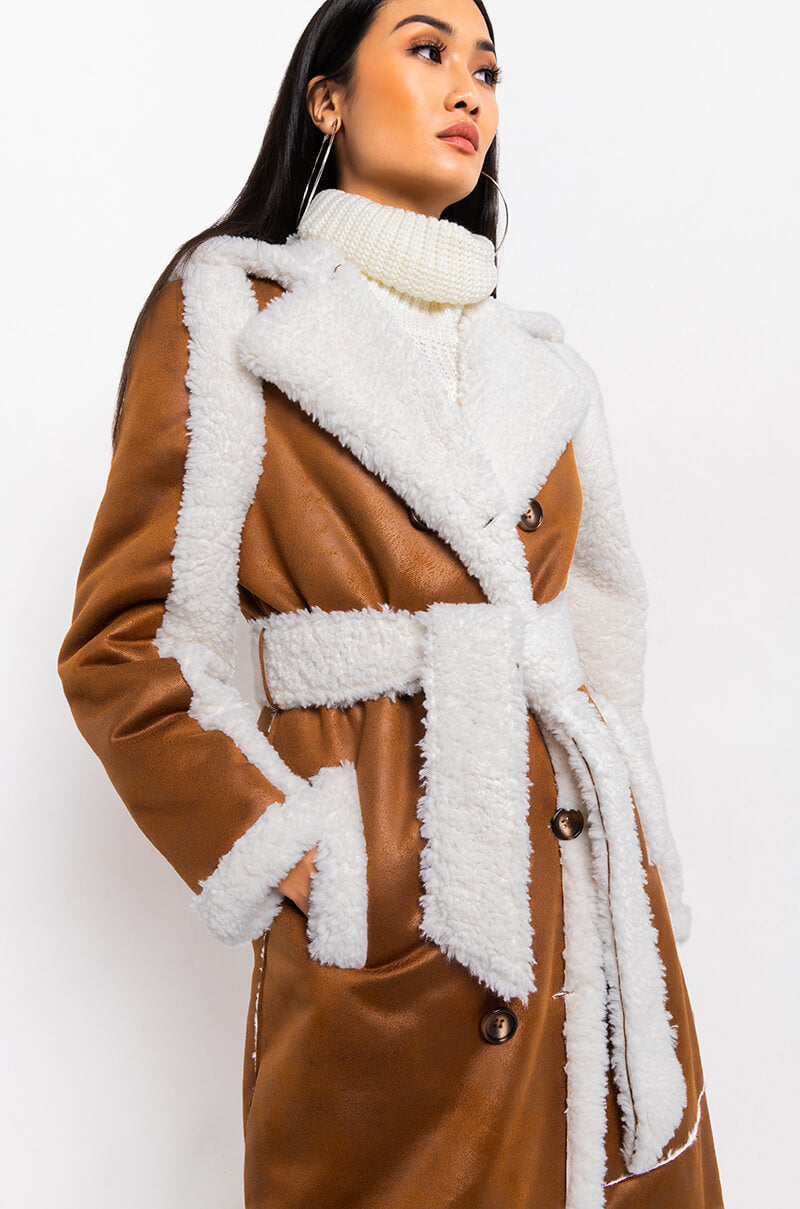 Full View Oh Na Na Shearling Suede Trench Coat in Brown Multi 9