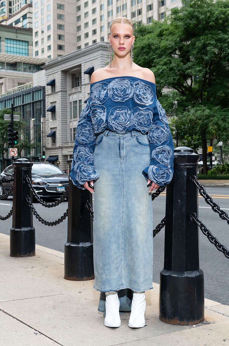 OH THE DRAMA DENIM MAXI SKIRT WITH TRAIN – AKIRA - Main Image