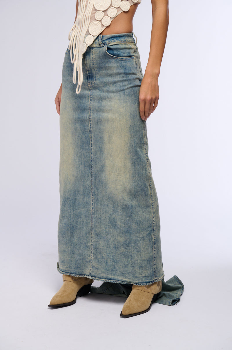 OH THE DRAMA DENIM MAXI SKIRT WITH TRAIN view 0