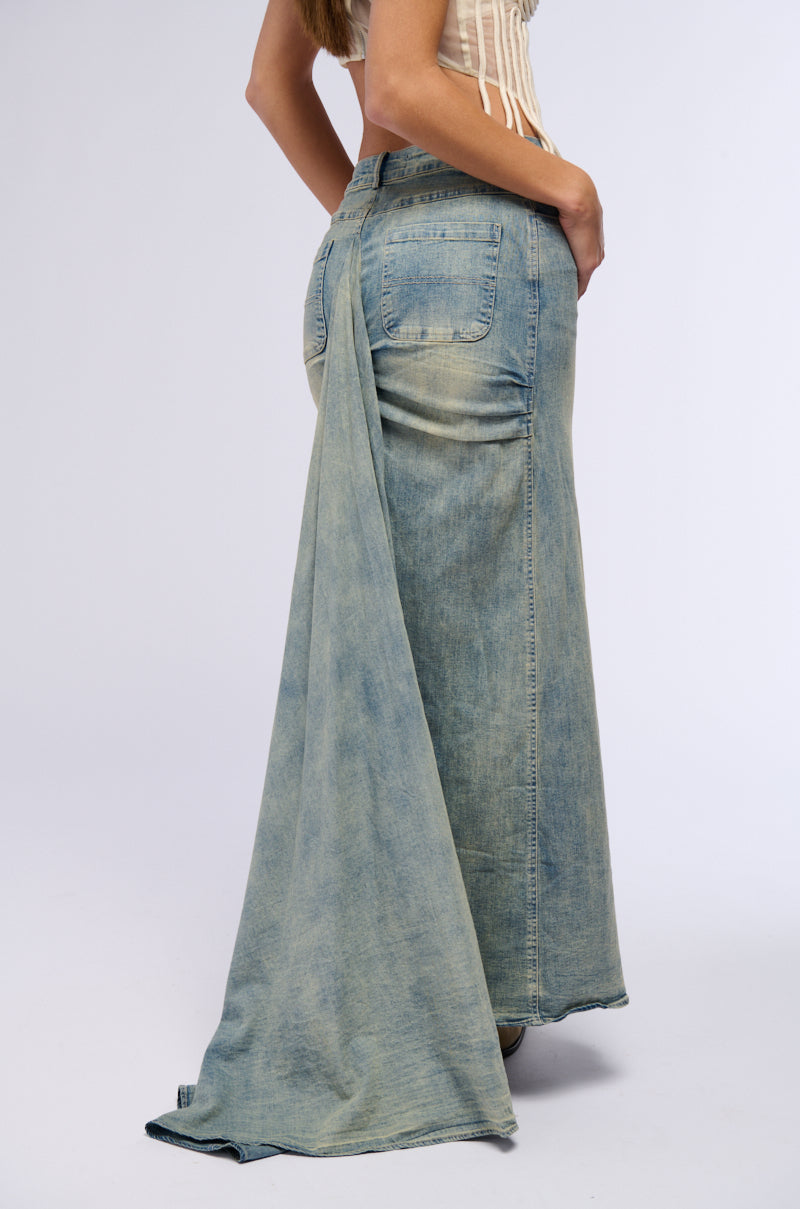 Back View Oh The Drama Denim Maxi Skirt With Train