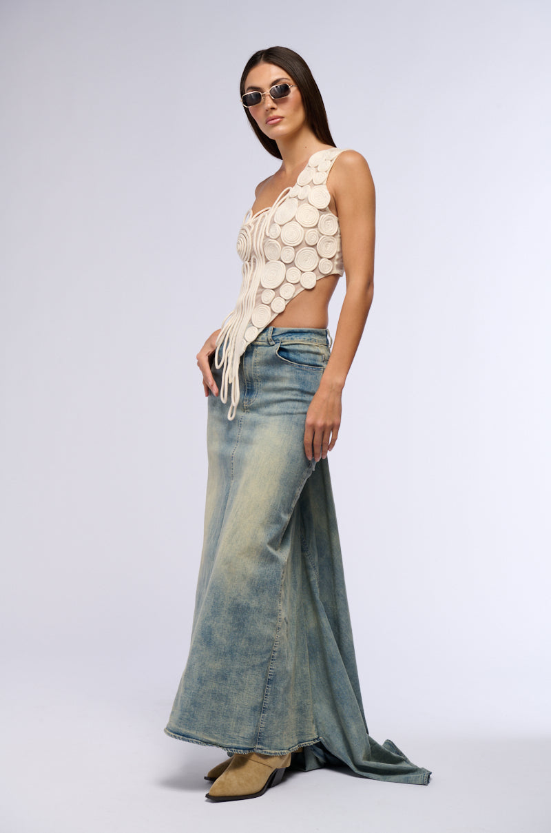 Detail View Oh The Drama Denim Maxi Skirt With Train