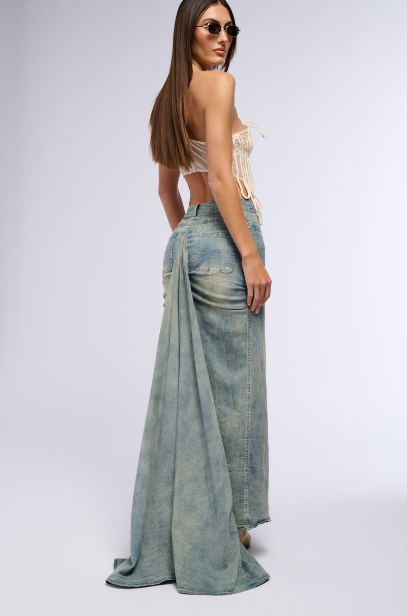OH THE DRAMA DENIM MAXI SKIRT WITH TRAIN AKIRA OH THE DRAMA DENIM MAXI SKIRT WITH TRAIN AKIRA
