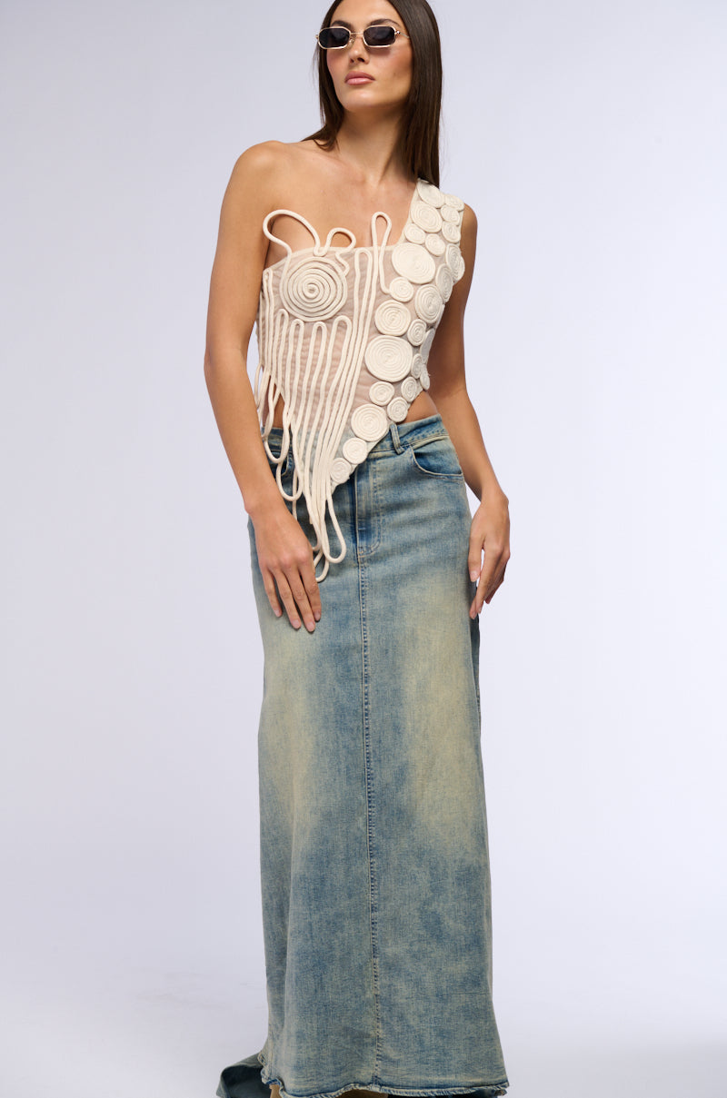 Extra View Oh The Drama Denim Maxi Skirt With Train