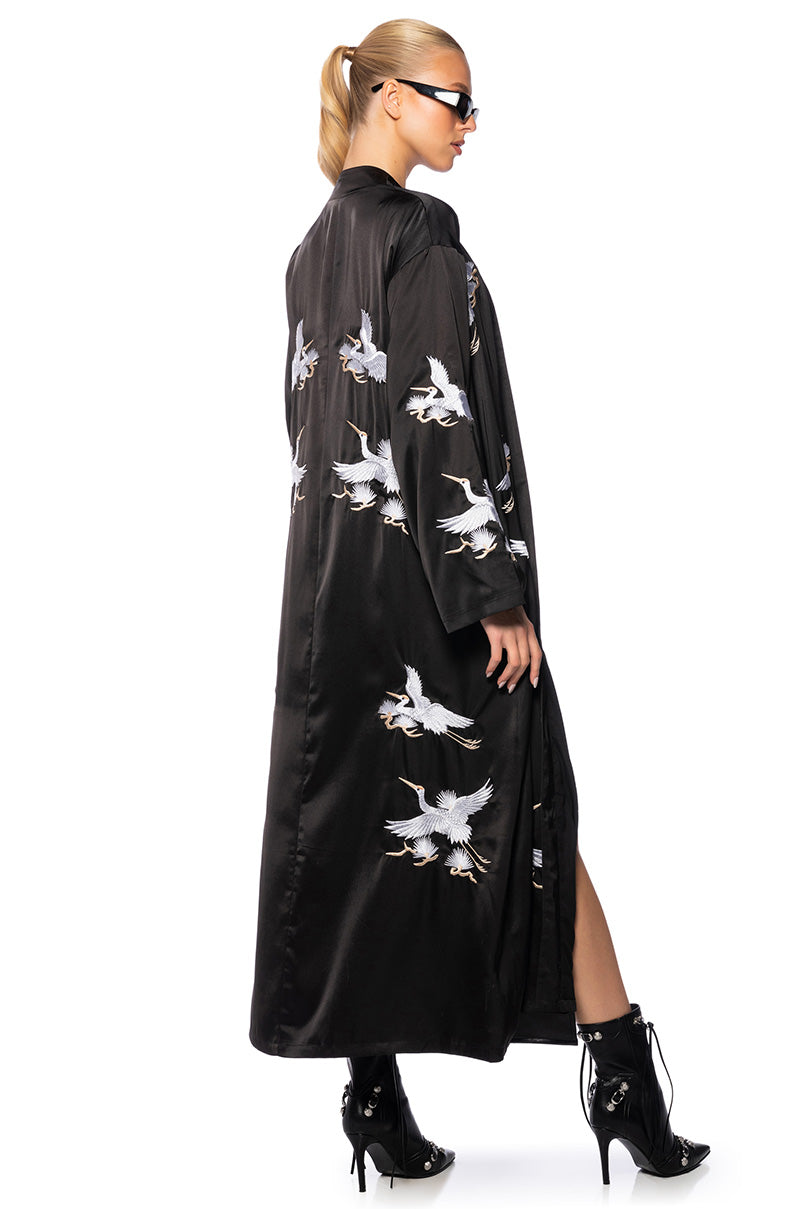 Back View Okinawa Embroidered Satin Duster