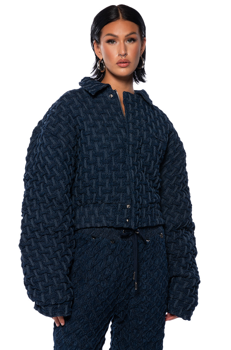 Side View Oksa Denim Weave Bomber
