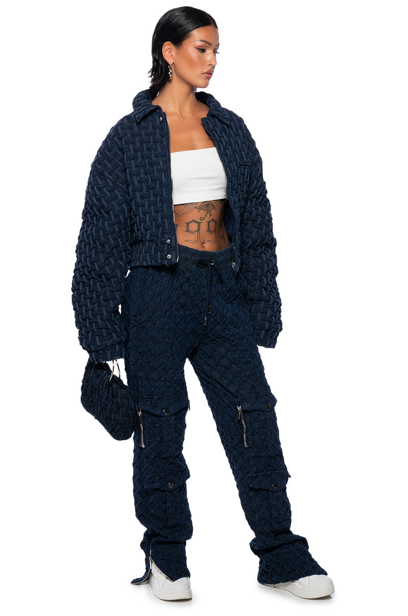 Back View Oksa Denim Weave Bomber