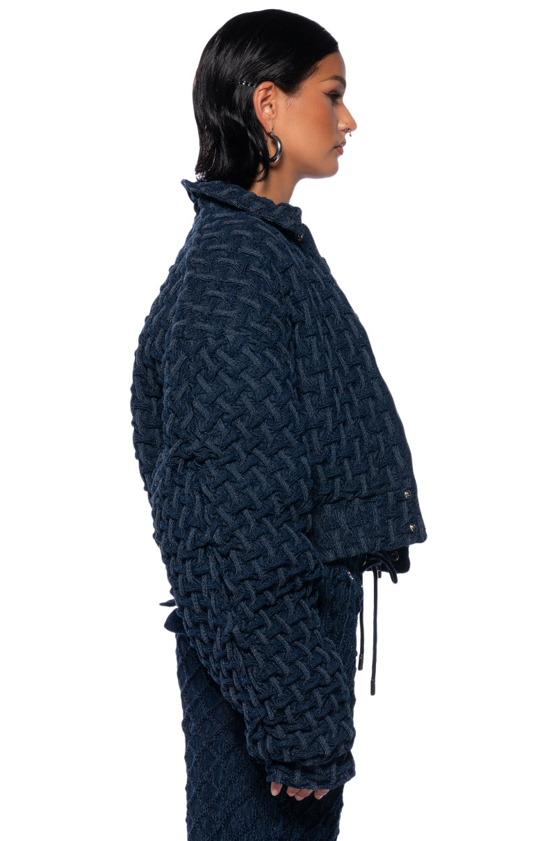 Detail View Oksa Denim Weave Bomber