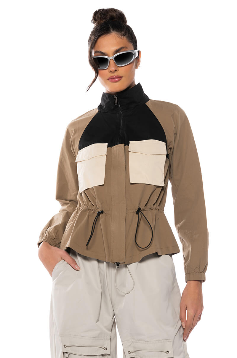 Front View Ollie Olive Long Sleeve Waist Scrunched Blouse