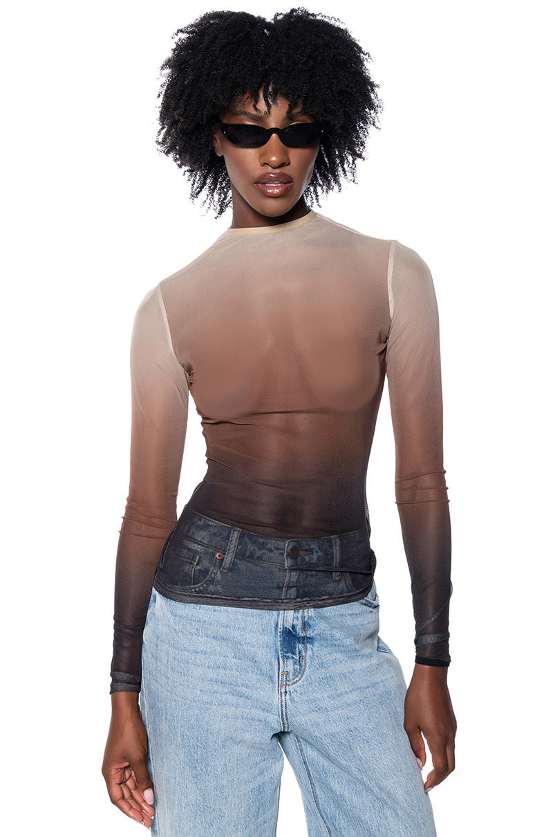 Front View Ombre Long Sleeve Mesh Top