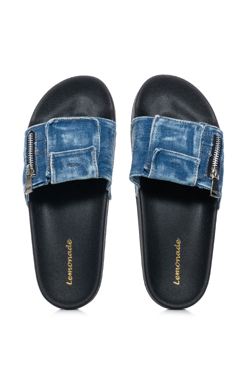 Side View Omg Cargo Denim Flat Sandal In Blue