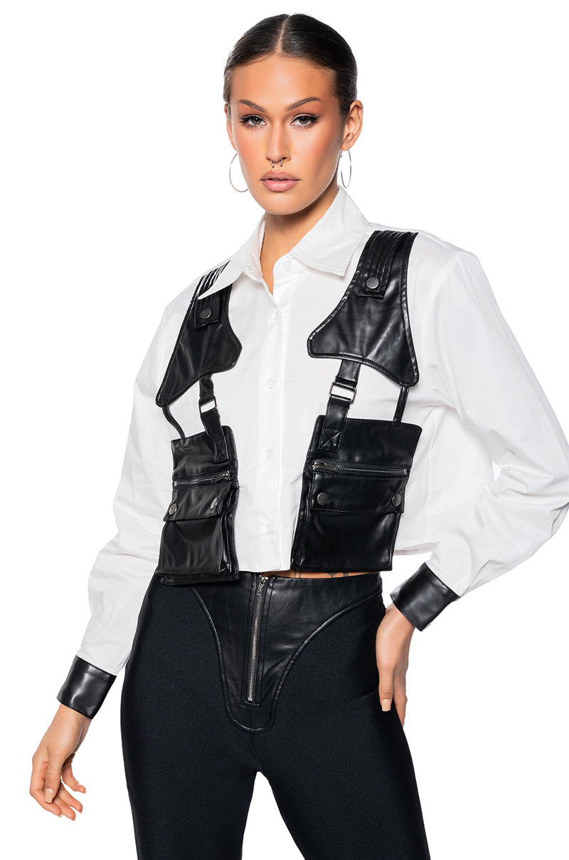 Front View On Duty Faux Leather Pocket Detail Poplin Shirt 0