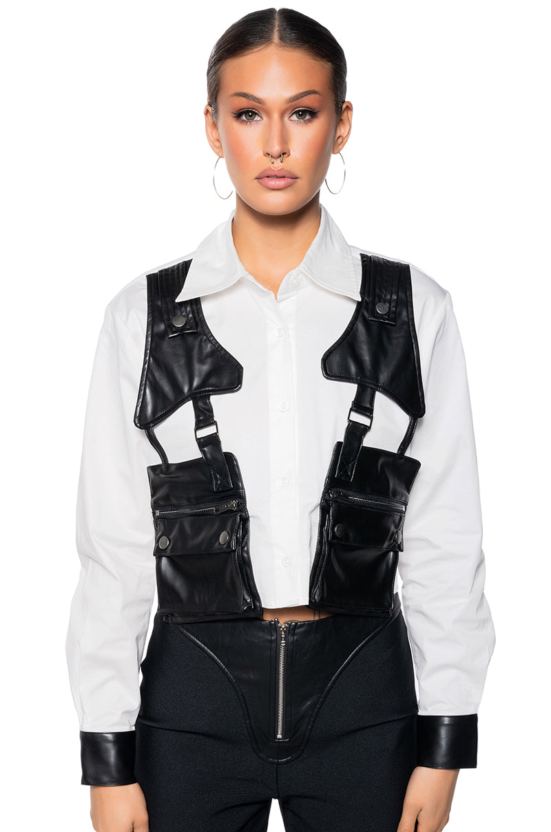 Side View On Duty Faux Leather Pocket Detail Poplin Shirt 1